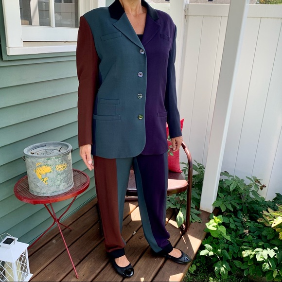 Myrene de Premonville Pants - Vintage 90s Myrene de Premonville Paris Wool Colorblock 2 Piece Pant Suit